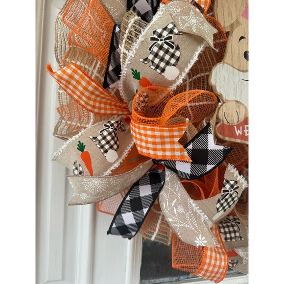 Bunny Rabbit Carrot Welcome Buffalo Check Mesh Ribbon Spring Easter Wreath - Picture 3 of 8